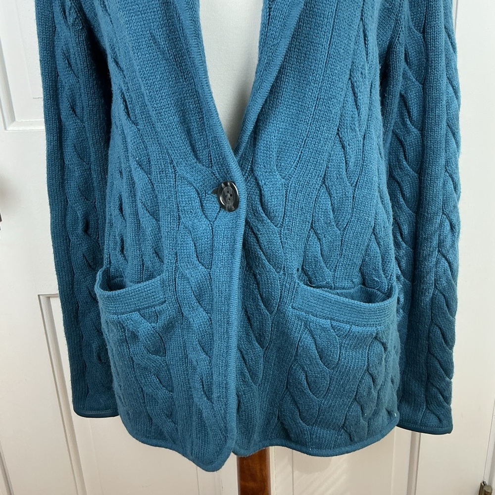 Talbots Cable Knit Cardigan Sweater Grandpa Chunky Teal Boho - Picture 2 of 7